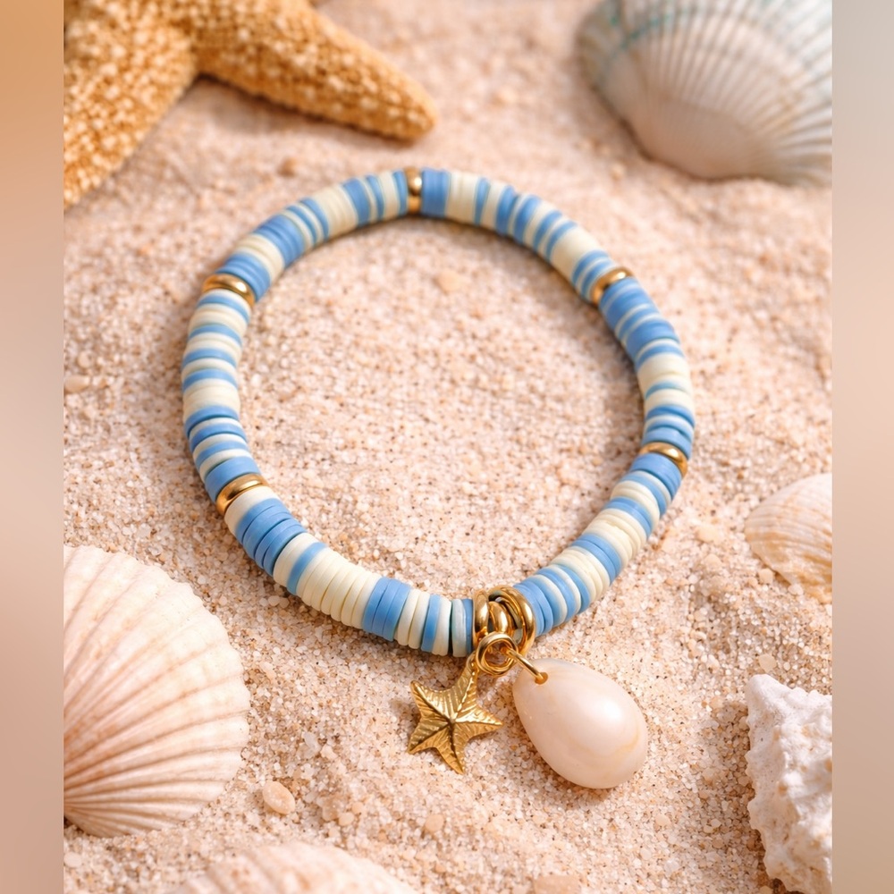 Handmade Beach Bracelet. Blue Clay bead with Starfish & Shell Charm.